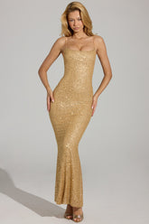 Embellished Fishtail Maxi Dress in Gold