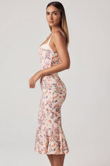 Layered Bra-Detail Fishtail Midaxi Dress in Primrose Floral Print