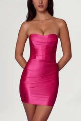 Ruched Bandeau Mini Dress in Hot Pink