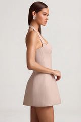 Pinstripe Halterneck Structured A-Line Mini Dress in Mushroom