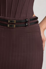 Pinstripe Low-Rise Maxi Skirt in Chocolate Brown