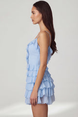 Ruffled Lace-Up A-Line Mini Dress in Powder Blue