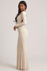 Ruched Backless Lace Maxi Dress in Ivory
