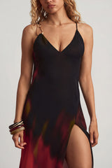 Open-Back Maxi Dress in Red Blurred Print