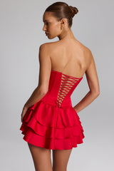 Ruffled Lace-Up Corset Playsuit in Fire Red