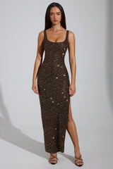 Embellished Scoop-Neck Thigh-Split Maxi Dress in Brown