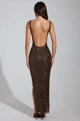 Embellished Scoop-Neck Thigh-Split Maxi Dress in Brown
