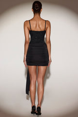 Embellished V-Neck Draped Corset Mini Dress in Black