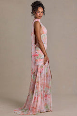 Embellished Scarf-Detail Maxi Dress in Pink Floral Print