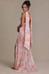 Embellished Scarf-Detail Maxi Dress in Pink Floral Print
