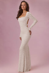 Lace Long-Sleeve Maxi Dress in Pearl