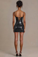 Sequin Lace Corset Mini Dress in Black