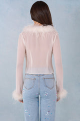 Feather Trim Sheer Top in Ivory