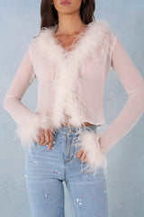 Feather Trim Sheer Top in Ivory