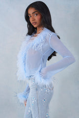 Feather Trim Sheer Top in Soft Blue