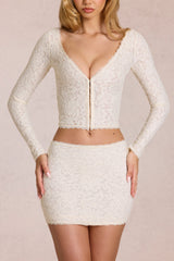 Lace Plunge Cardigan in Pearl