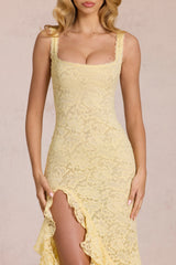 Lace Ruffle Maxi Dress in Lemon Yellow