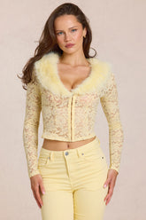 Lace Faux-Fur-Trim Cardigan in Lemon Yellow