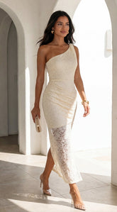 Solvèra Lace One Shoulder Midi Dress - Pale Yellow