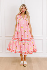 Margaritas On The Boardwalk Floral Midi Dress in Pink