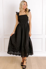 Call It Serendipity Smocked Eyelet Midi Dress in Black