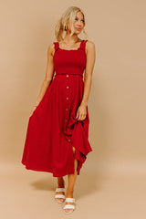 Harvest Lane Linen-Blend Midi Dress in Crimson