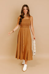 Harvest Lane Linen-Blend Midi Dress in Chocolate