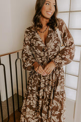 Vino Sipping Floral Midi Dress in Mocha