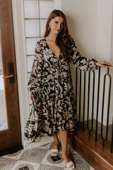 Vino Sipping Floral Midi Dress in Black