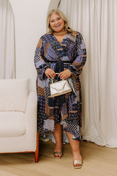 Vineyard Views Satin Color Block Midi Dress in Navy Curves