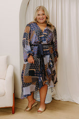 Vineyard Views Satin Color Block Midi Dress in Navy Curves