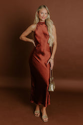 Glitz And Glam Satin Midi Dress in Rust
