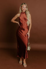 Glitz And Glam Satin Midi Dress in Rust