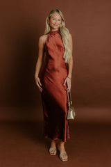 Glitz And Glam Satin Midi Dress in Rust