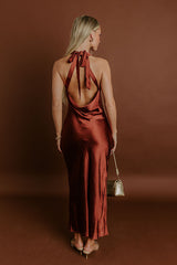 Glitz And Glam Satin Midi Dress in Rust