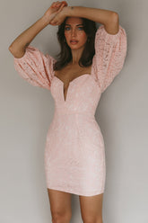 Good Vibes Puff Sleeve Deep V-Neckline Lace Mini Dress Blush