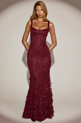 Embellished Fishtail Corset Gown in Wine Red