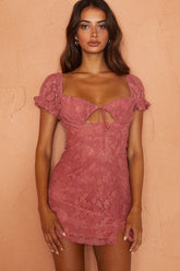 Norma Jean Puff Sleeve Cut-Out Bust Lace Mini Dress Rose