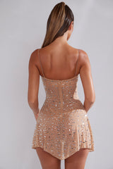 Sheer Embellished Scoop Neck Mini Dress in Honey
