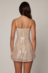 Embellished V-neck Lace Mini Dress in Pale Peach