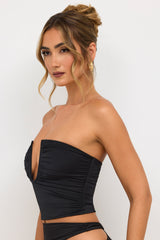 Jersey Strapless Plunge Neck Top in Black