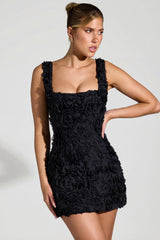 Floral-Appliqué Square-Neck Corset Mini Dress in Black