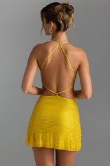 Embellished Scoop Halterneck Mini Dress in Buttercup
