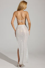Embellished V-Waist Thigh-Split Maxi Skirt in White