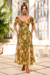 Solstice Bloom Chiffon Midi Dress - Olive Multi