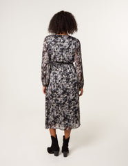 Printed Metallic Buckle Belted Midi Dress