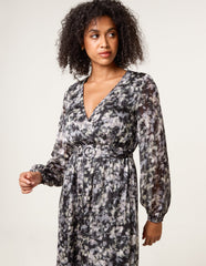 Printed Metallic Buckle Belted Midi Dress