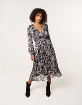 Printed Metallic Buckle Belted Midi Dress