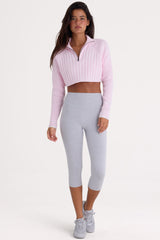 Ribbed Knit Quarter-Zip Cropped Jumper in Powder Pink
