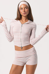 Ribbed Jersey Cropped Hoodie in Pink Stripe